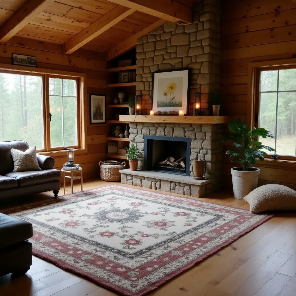 a photo of a rustic farmhouse-style rug in a cozy cabin