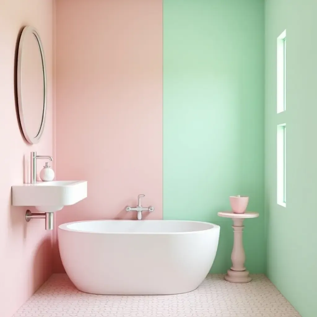 a photo of a pastel pink and mint green bathroom with playful accents