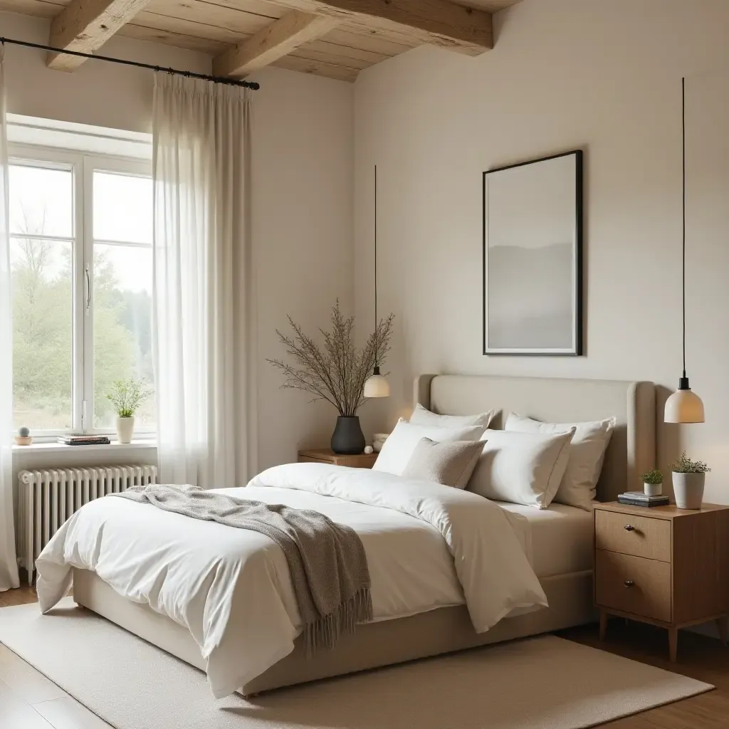 a photo of a tranquil bedroom with a soft color palette and rustic touches