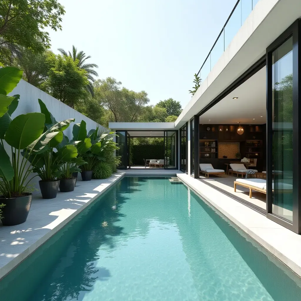 a photo of a sleek pool surrounded by tropical plants and minimalistic design