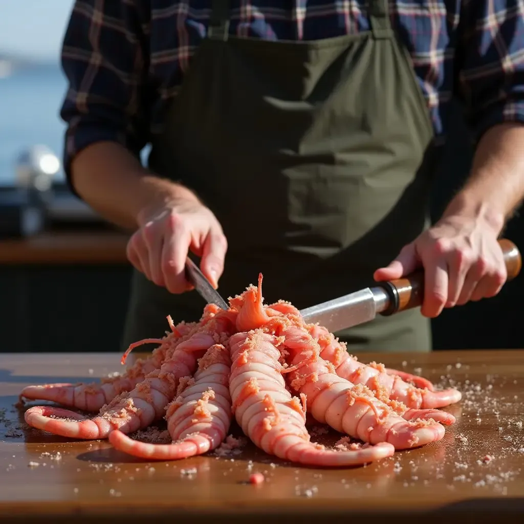 a photo of a Galician fisherman preparing fresh pulpo a la gallega on a wooden table.