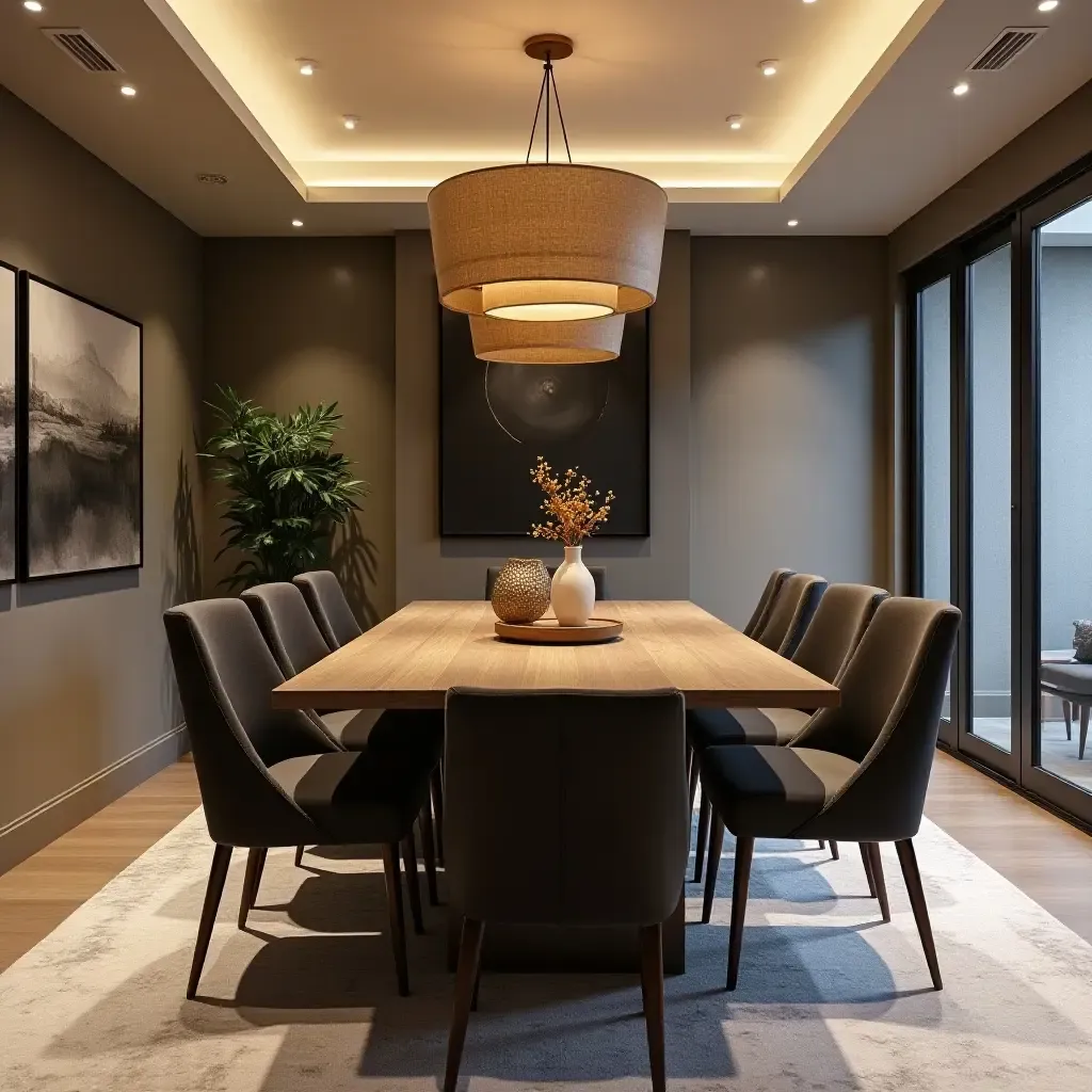 a photo of a stylish basement dining area with a large table and decor