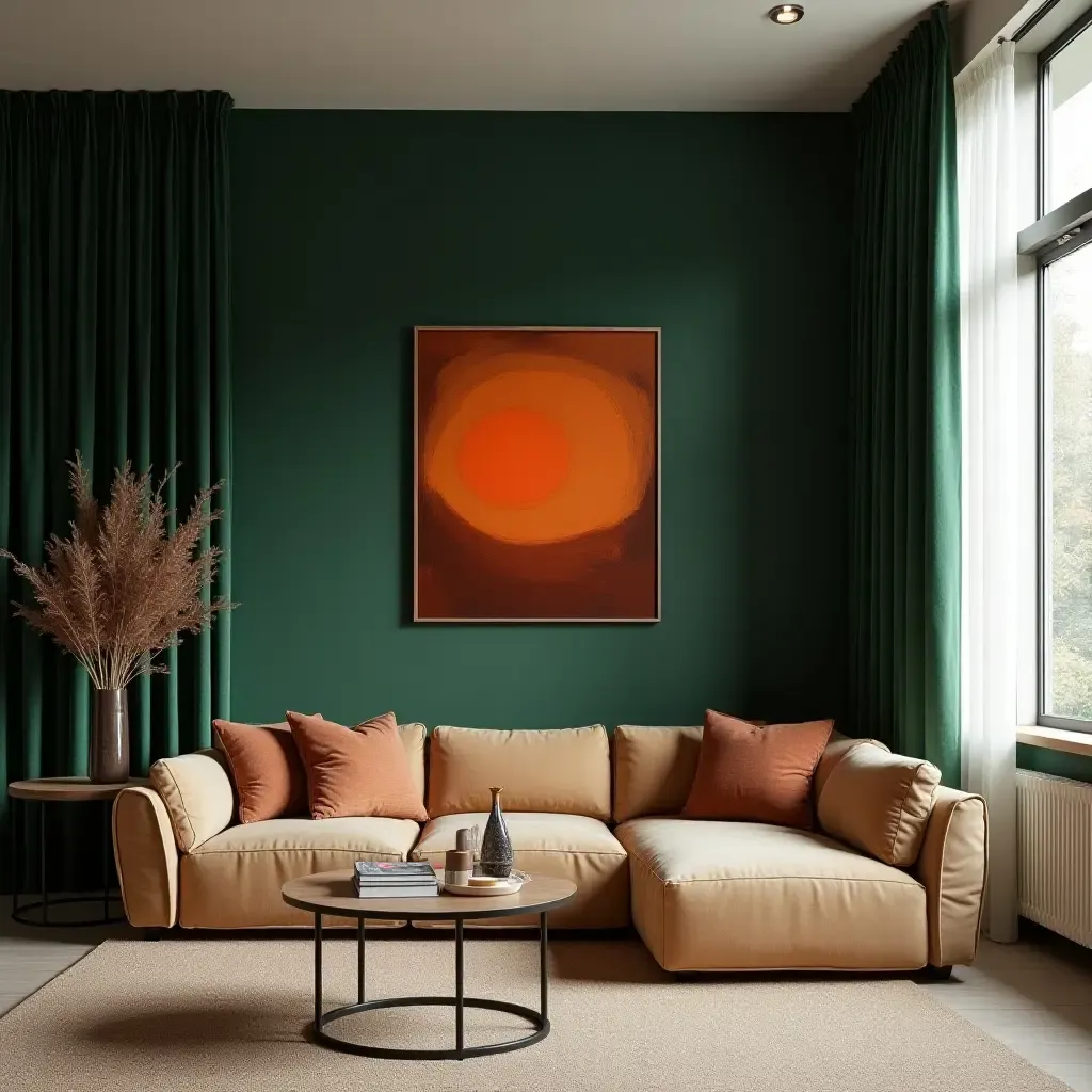 a photo of an elegant living room with dark green curtains and burnt orange artwork