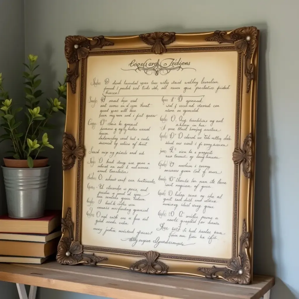 a photo of a vintage-style frame displaying handwritten family recipes