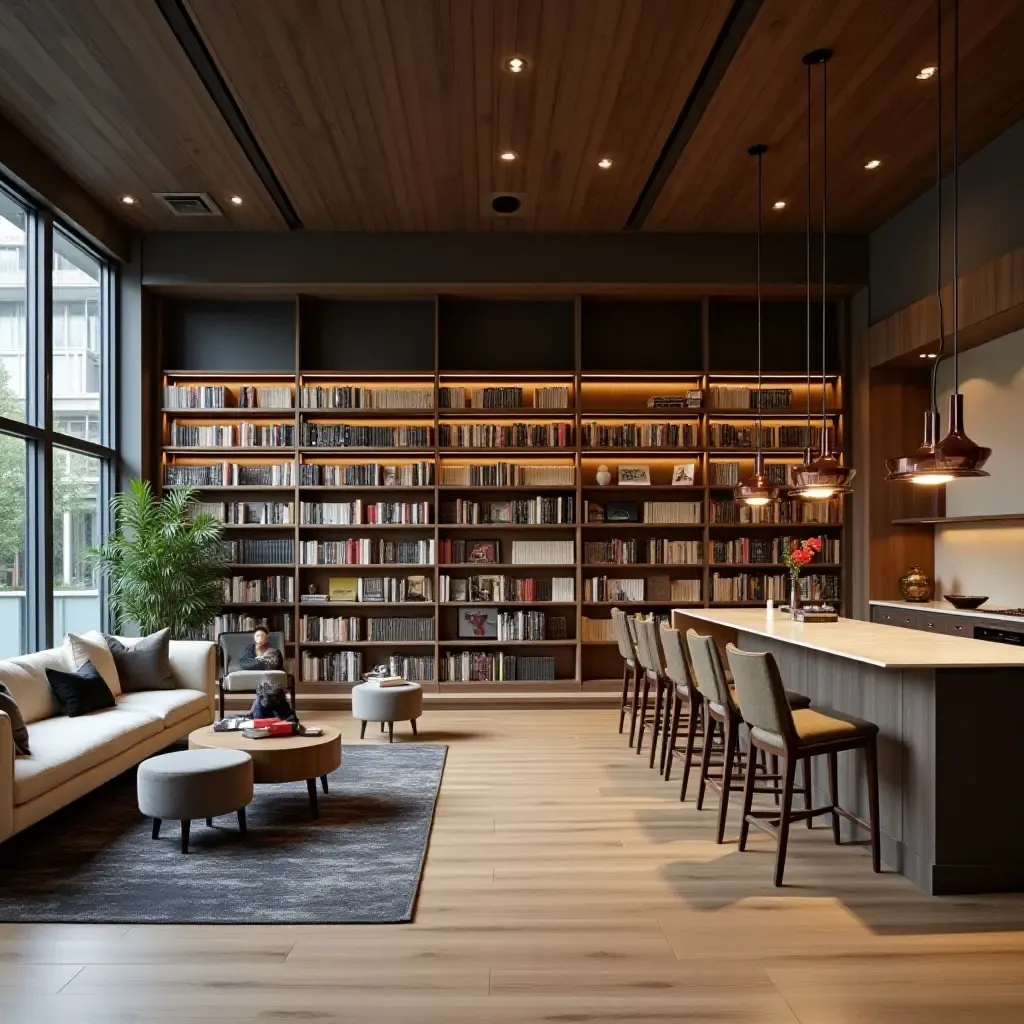 a photo of a modern library with sleek pendant lighting over reading areas