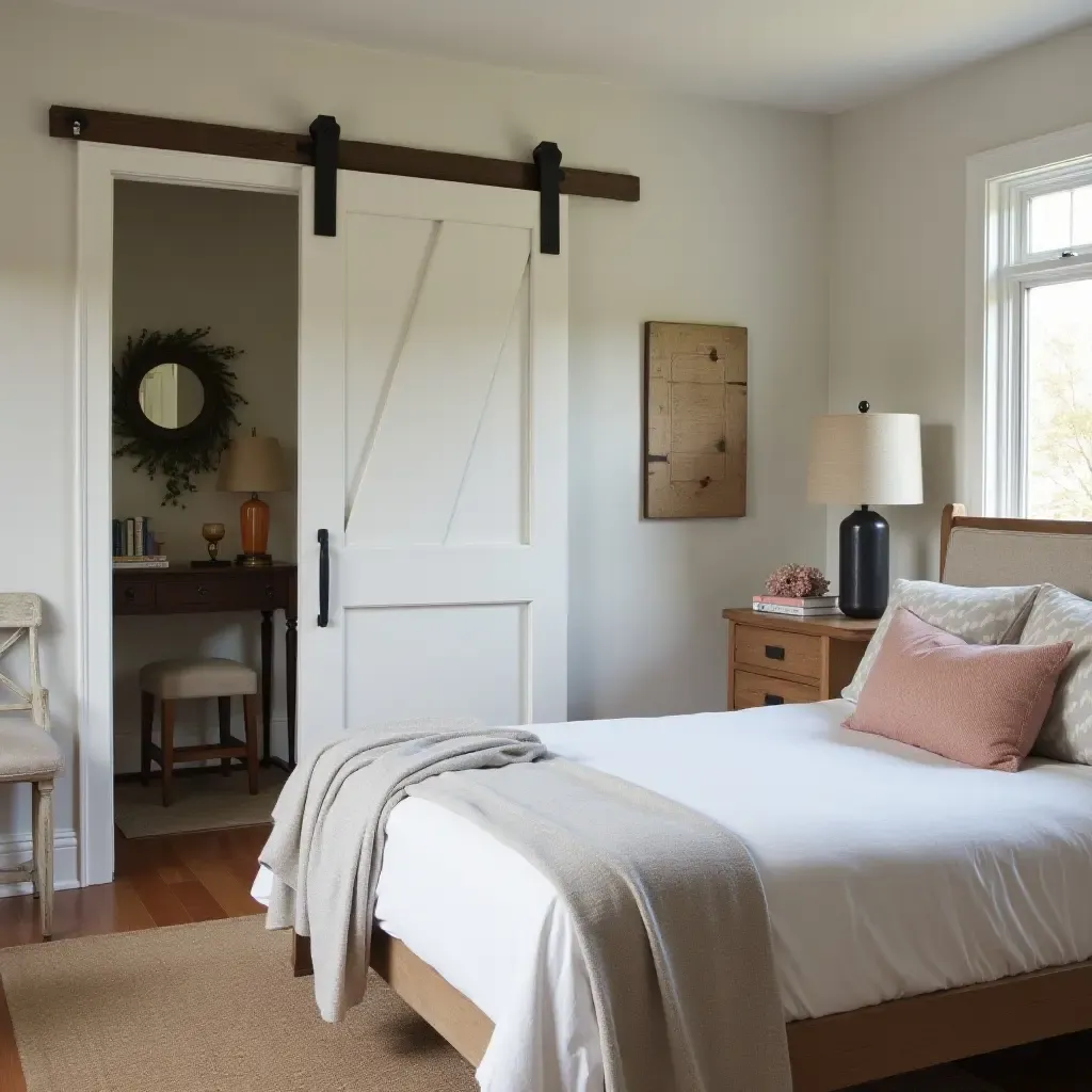 a photo of a farmhouse bedroom with a barn door and rustic accents