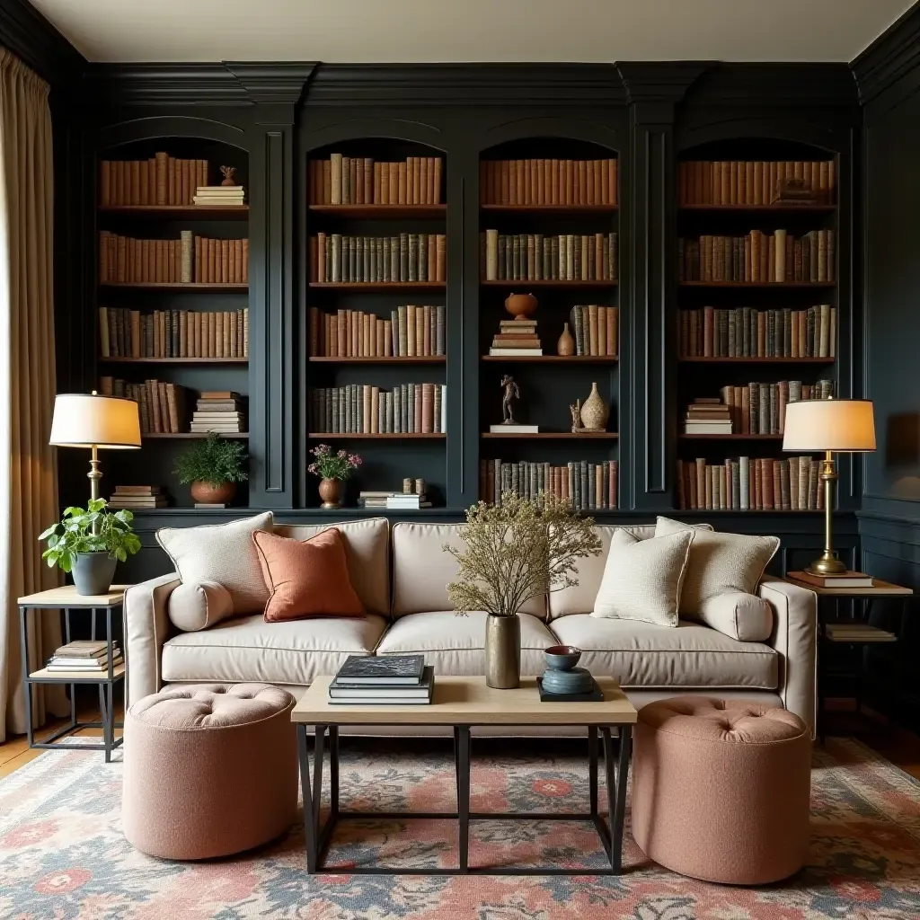 a photo of a living room with colonial-inspired bookshelves and classic literature