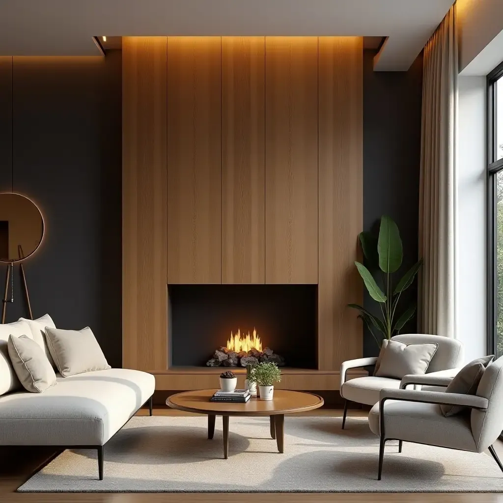 a photo of a stylish living room with a wooden fireplace and comfortable seating