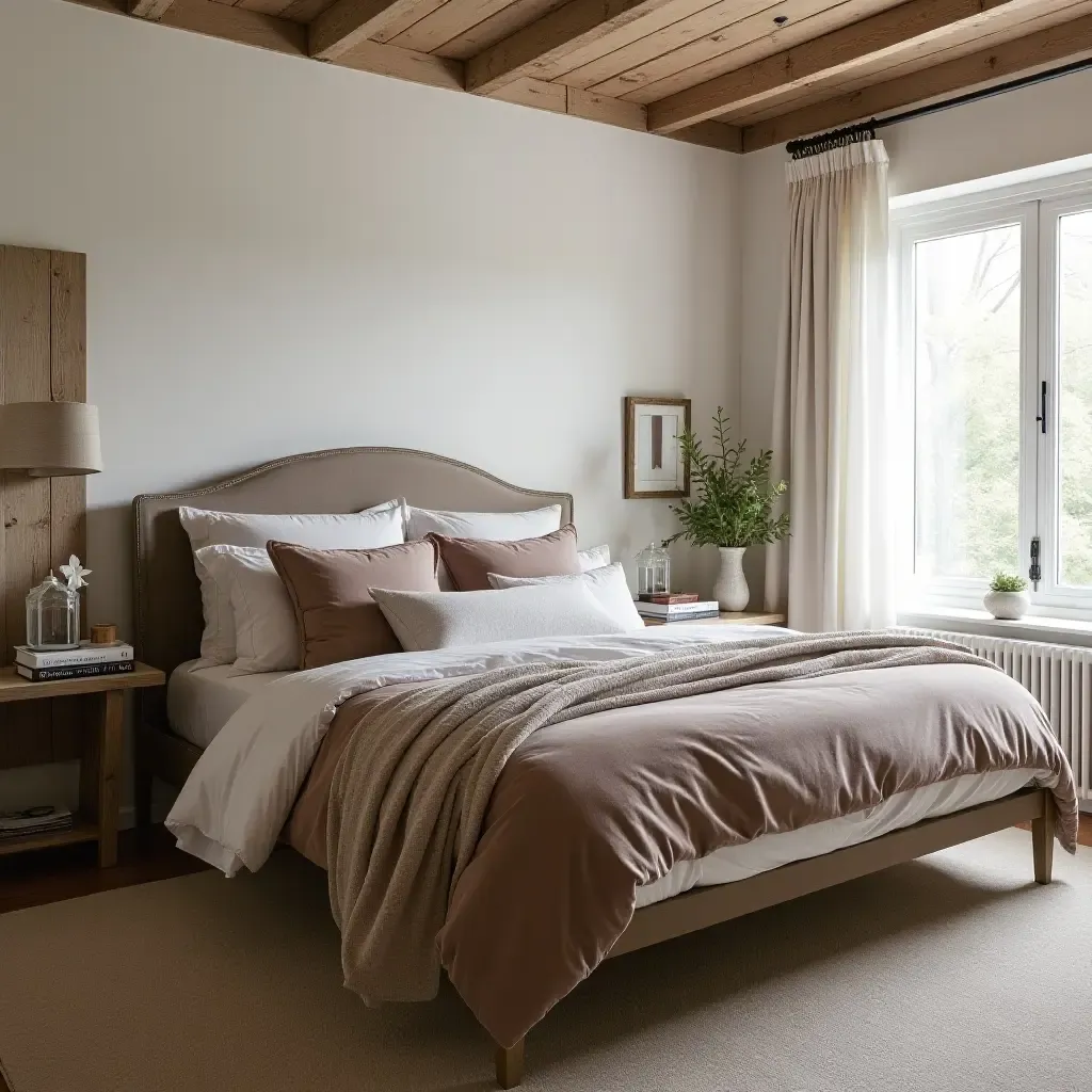 a photo of a farmhouse bedroom with velvet quilts, weathered wood elements, and linen curtains