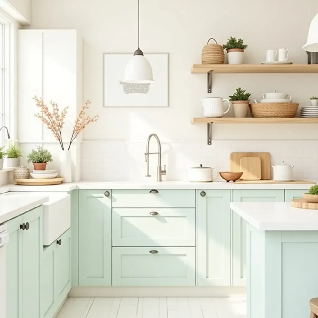 a photo of a bright kitchen with pastel colors and farmhouse-style decor accents