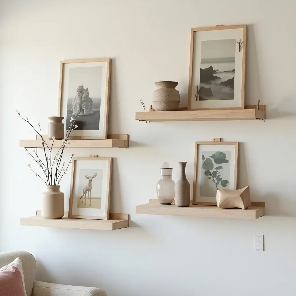 a photo of a wall-mounted shelf displaying unique art pieces