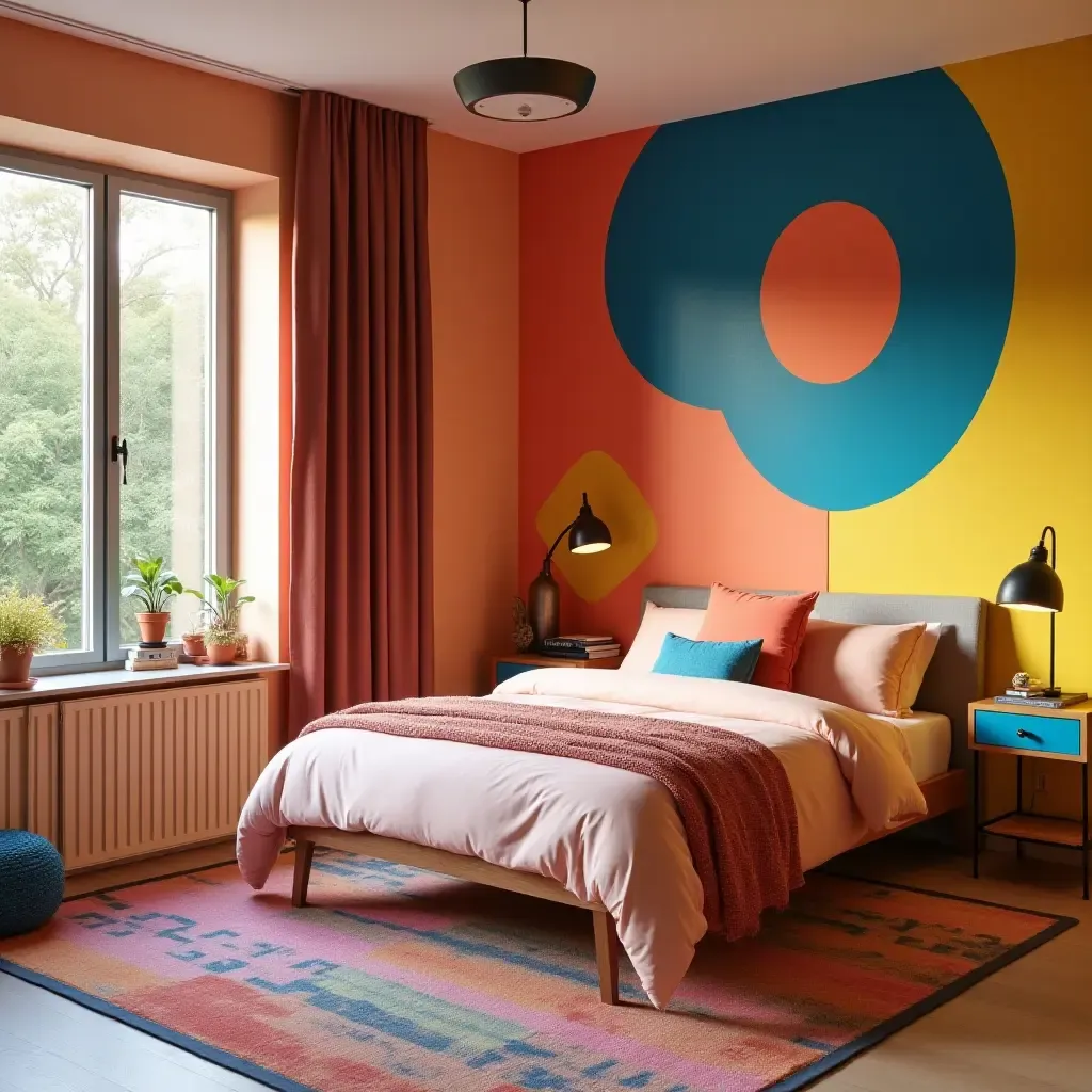 a photo of a vibrant bedroom layout with bold colors and artistic wall designs