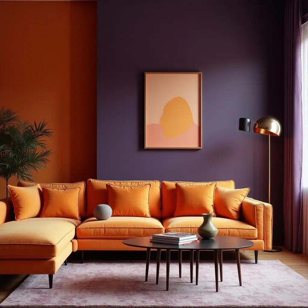 a photo of a vibrant living room with orange and deep purple combinations