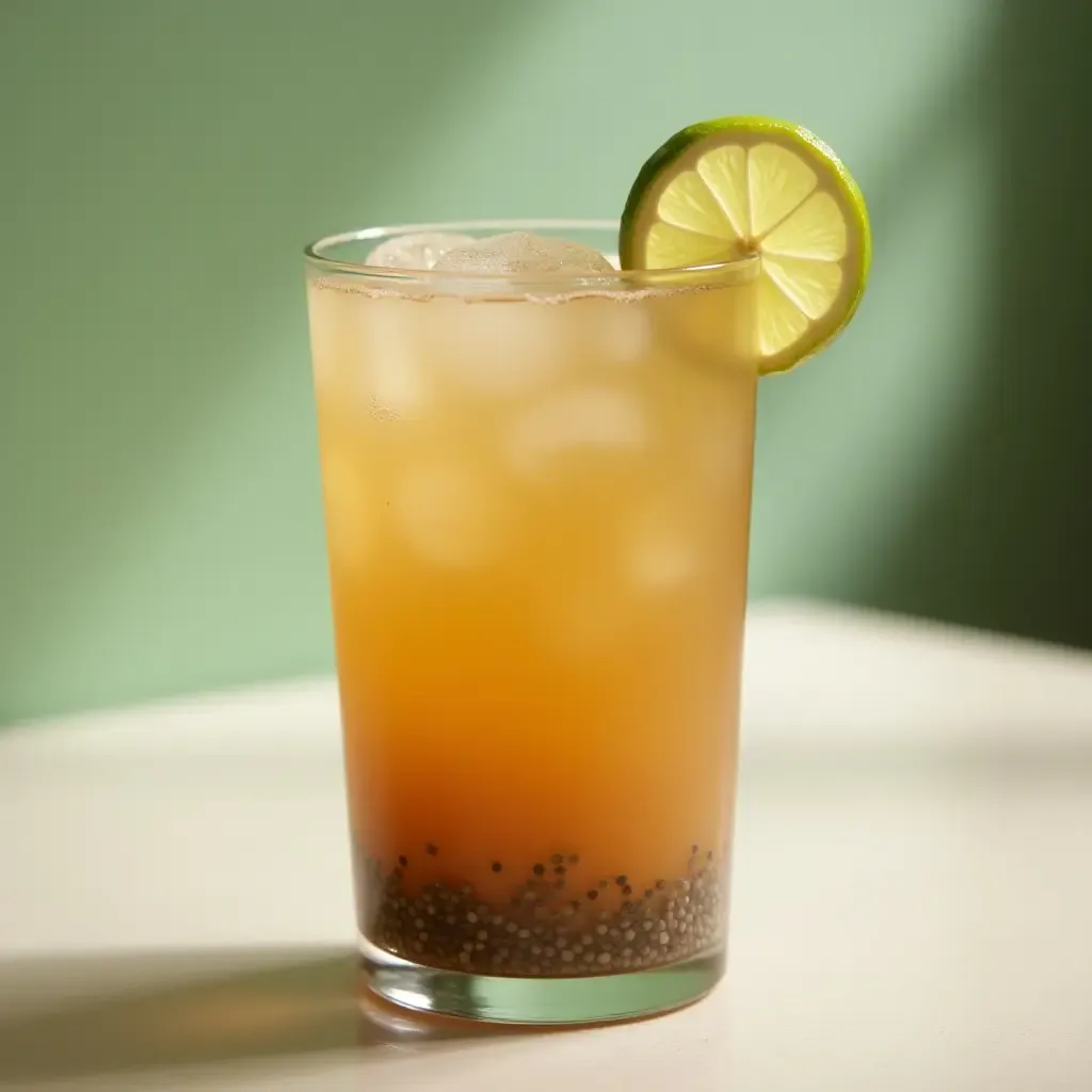 a photo of a refreshing glass of agua de chía with chia seeds and lime.