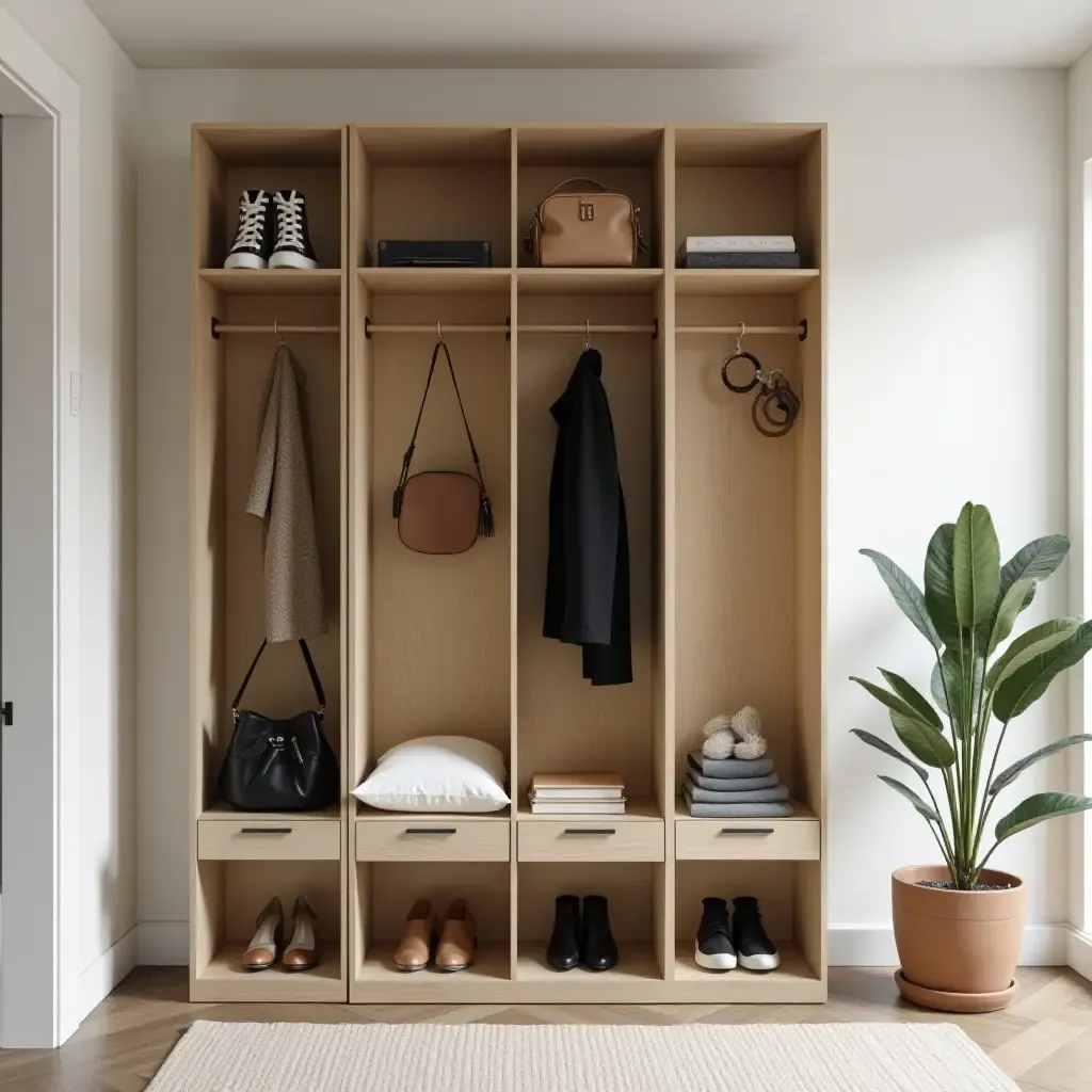 a photo of an artistic coat and shoe storage solution