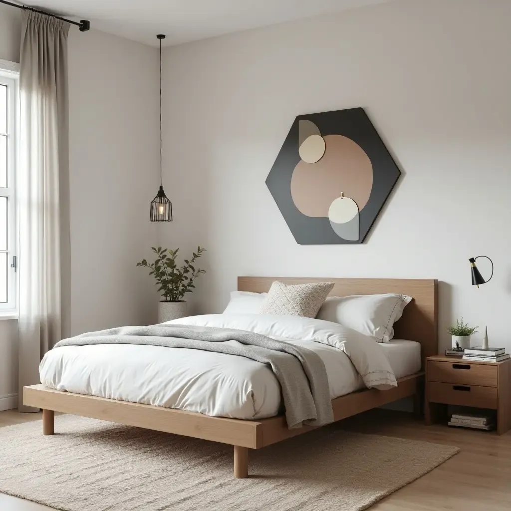 a photo of a sleek teen bedroom featuring a platform bed and geometric wall art