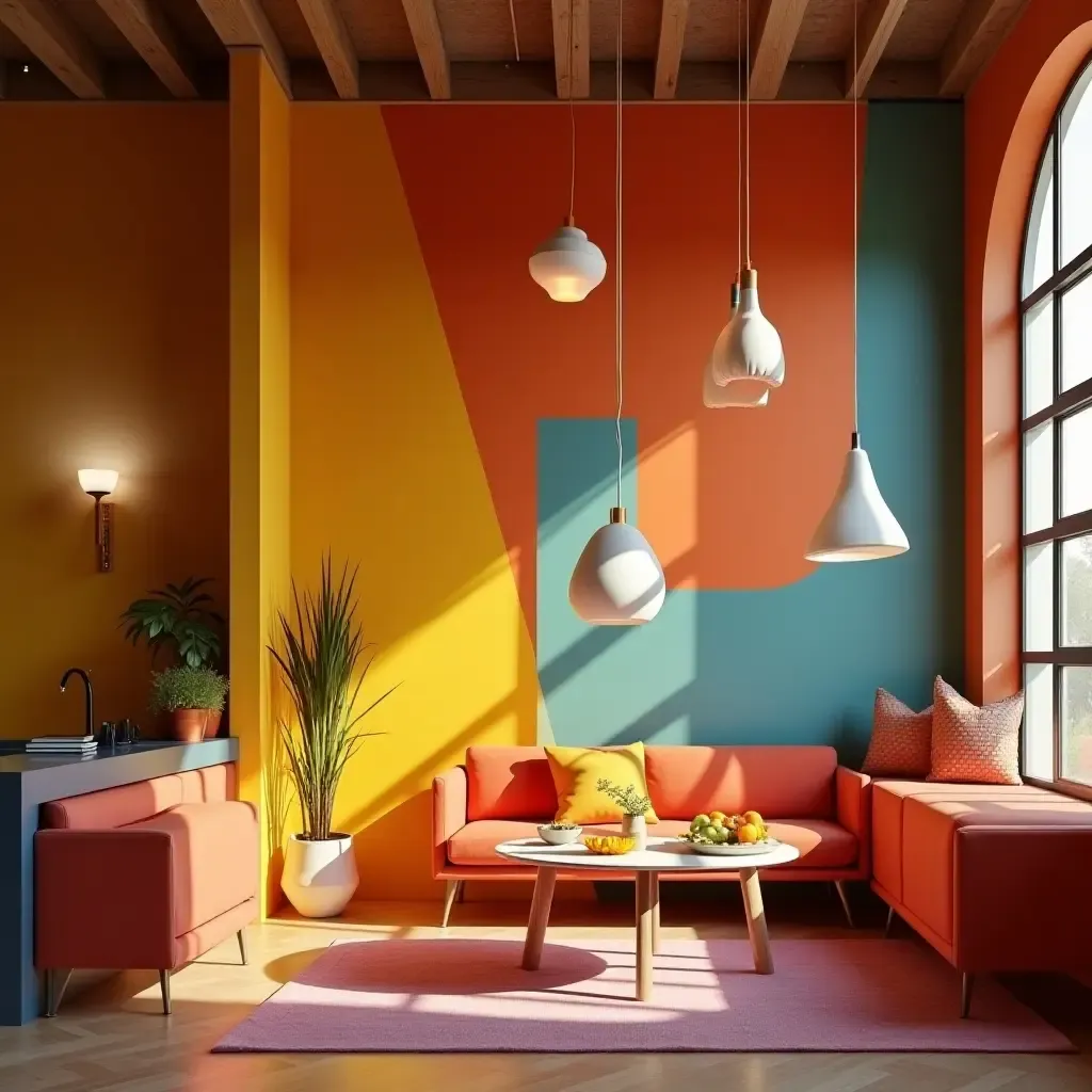 a photo of a vibrant room showcasing hanging pendant lamps