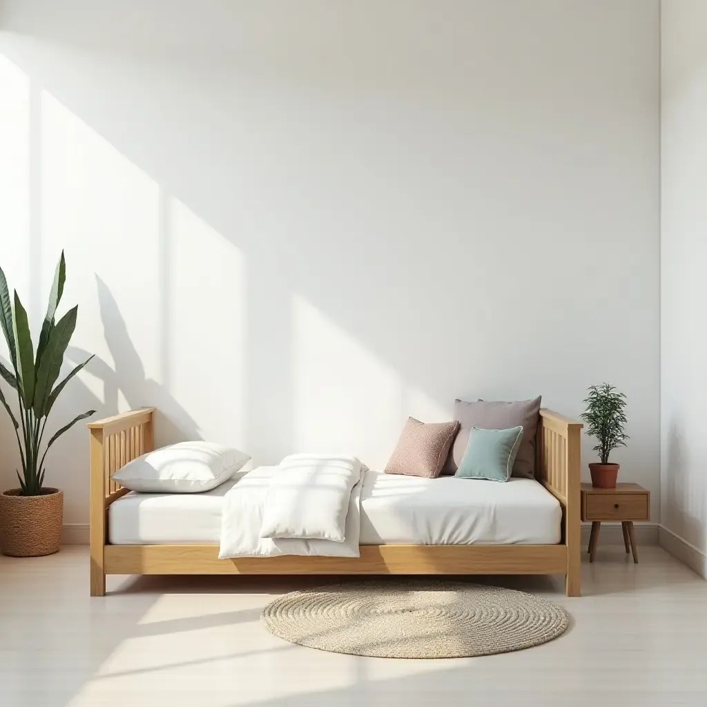 a photo of a stylish teen bedroom with a simple bed frame and decorative plants