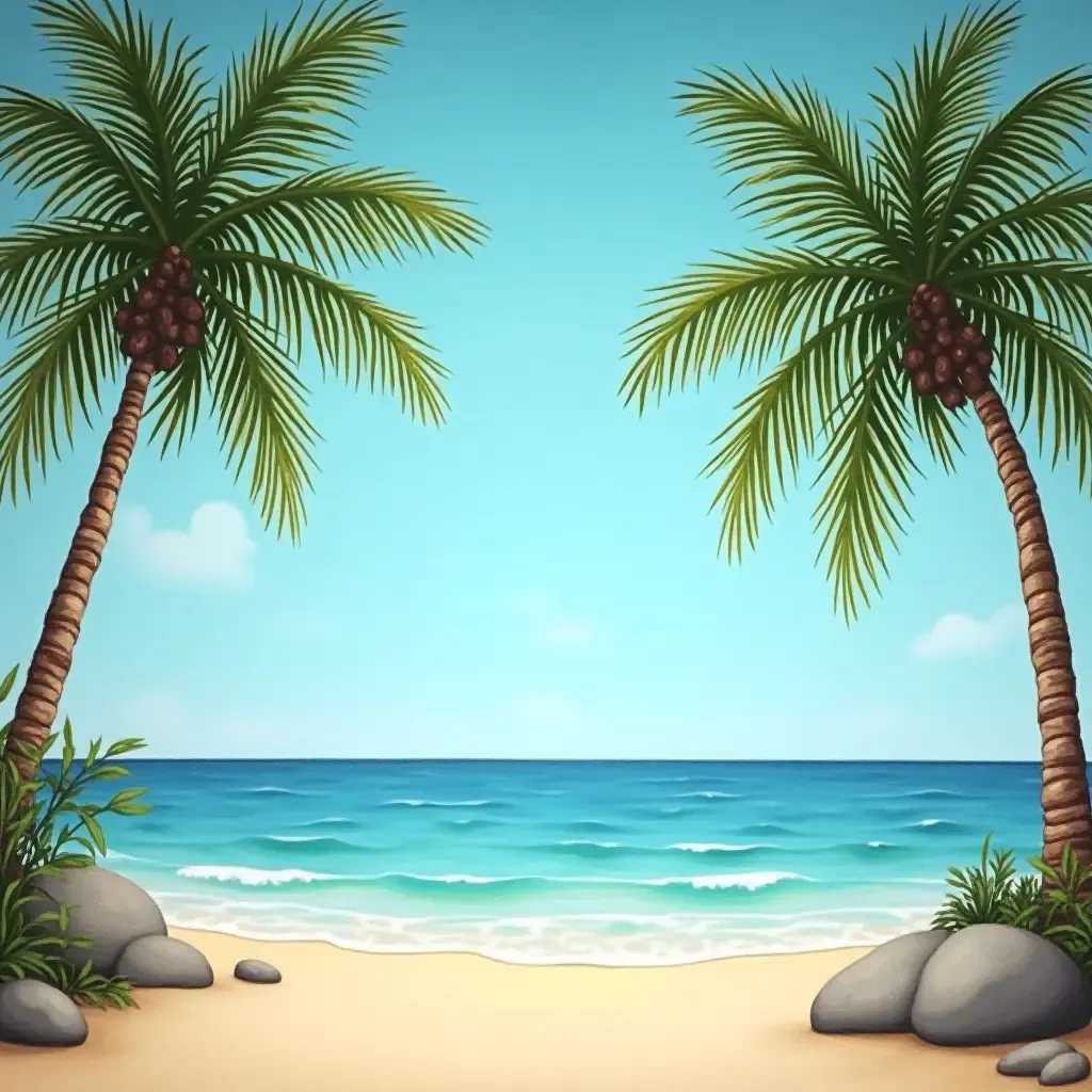 a photo of a serene beach scene mural with palm trees