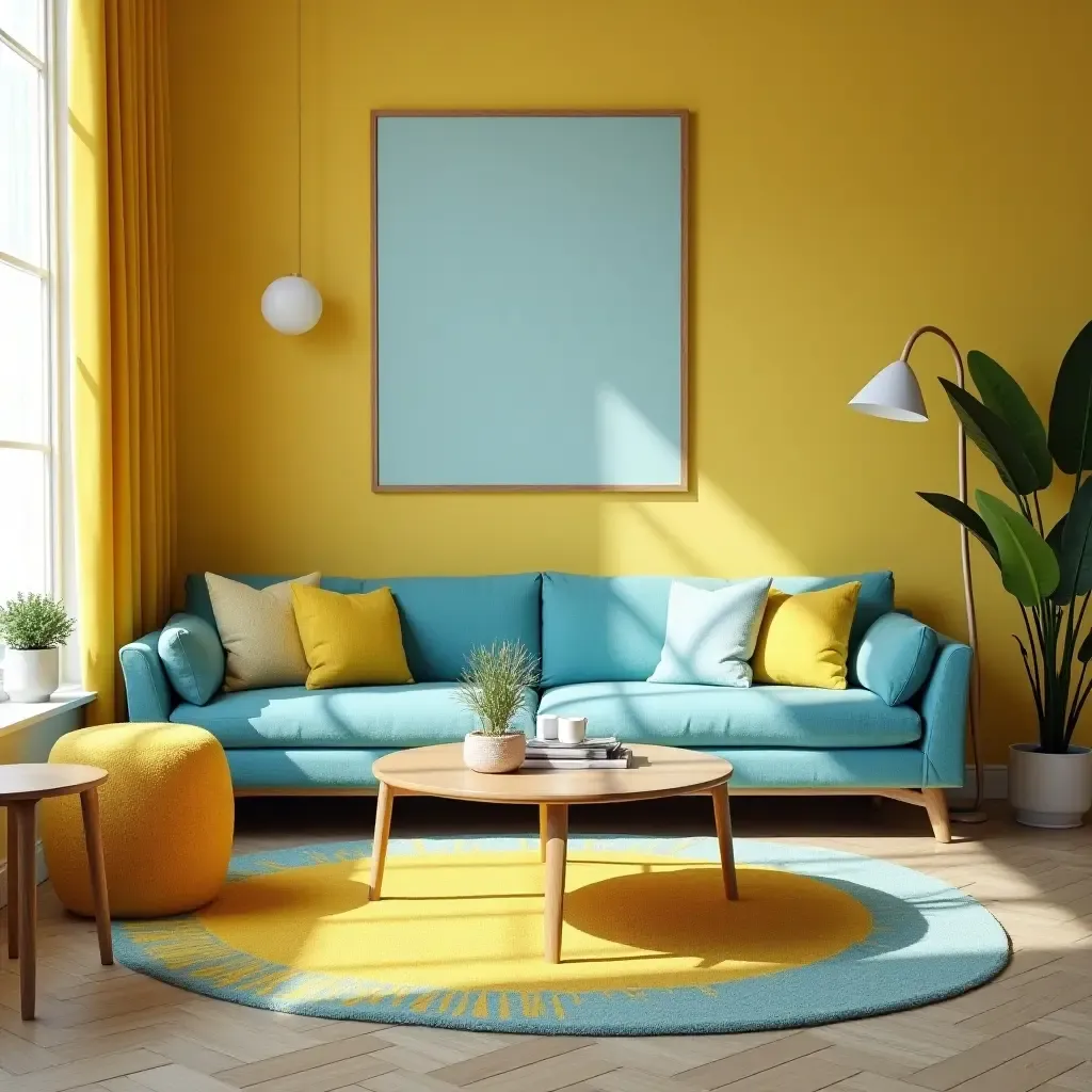 a photo of a playful living room with bright yellow and aqua blue