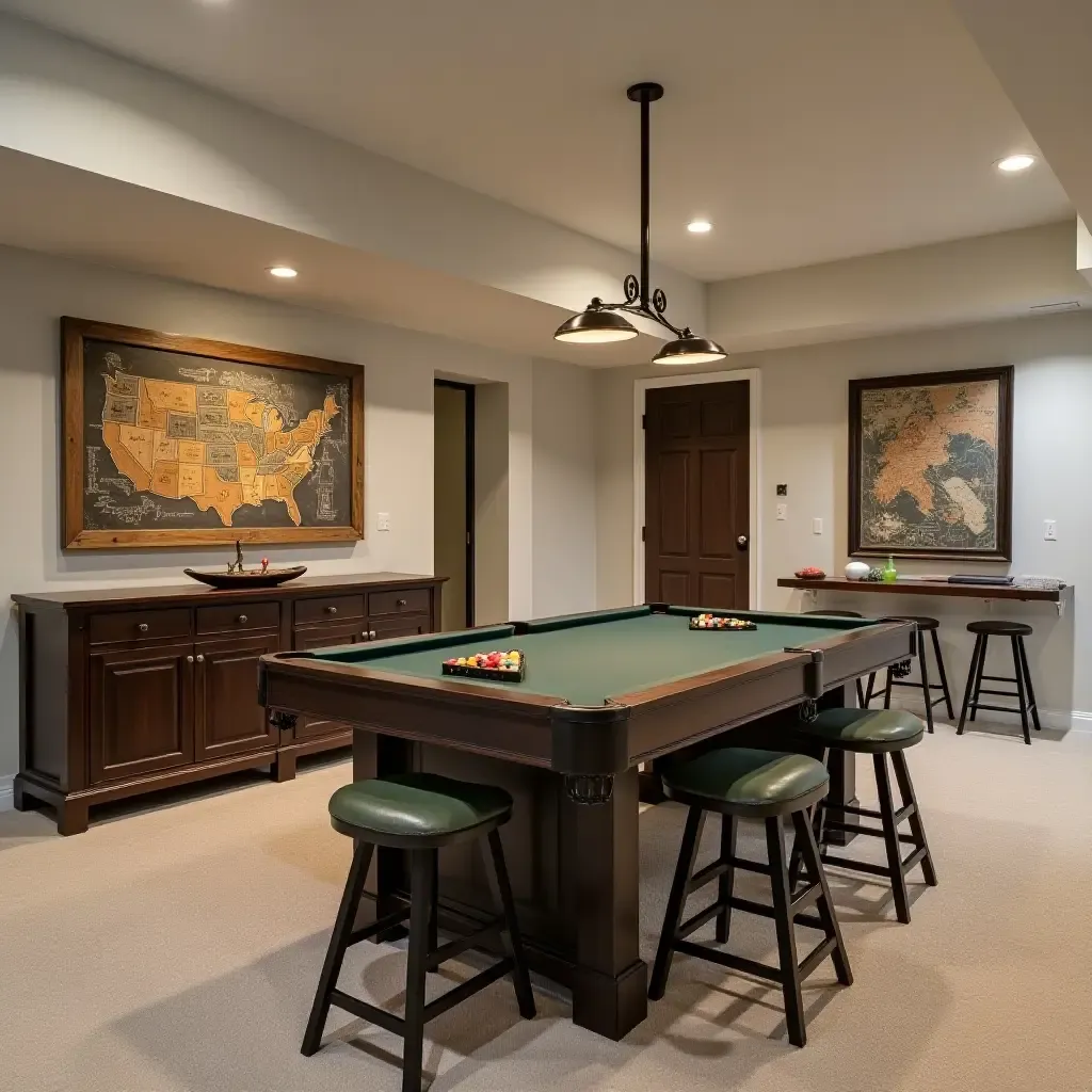 a photo of a basement game area with farmhouse-style board games and decor