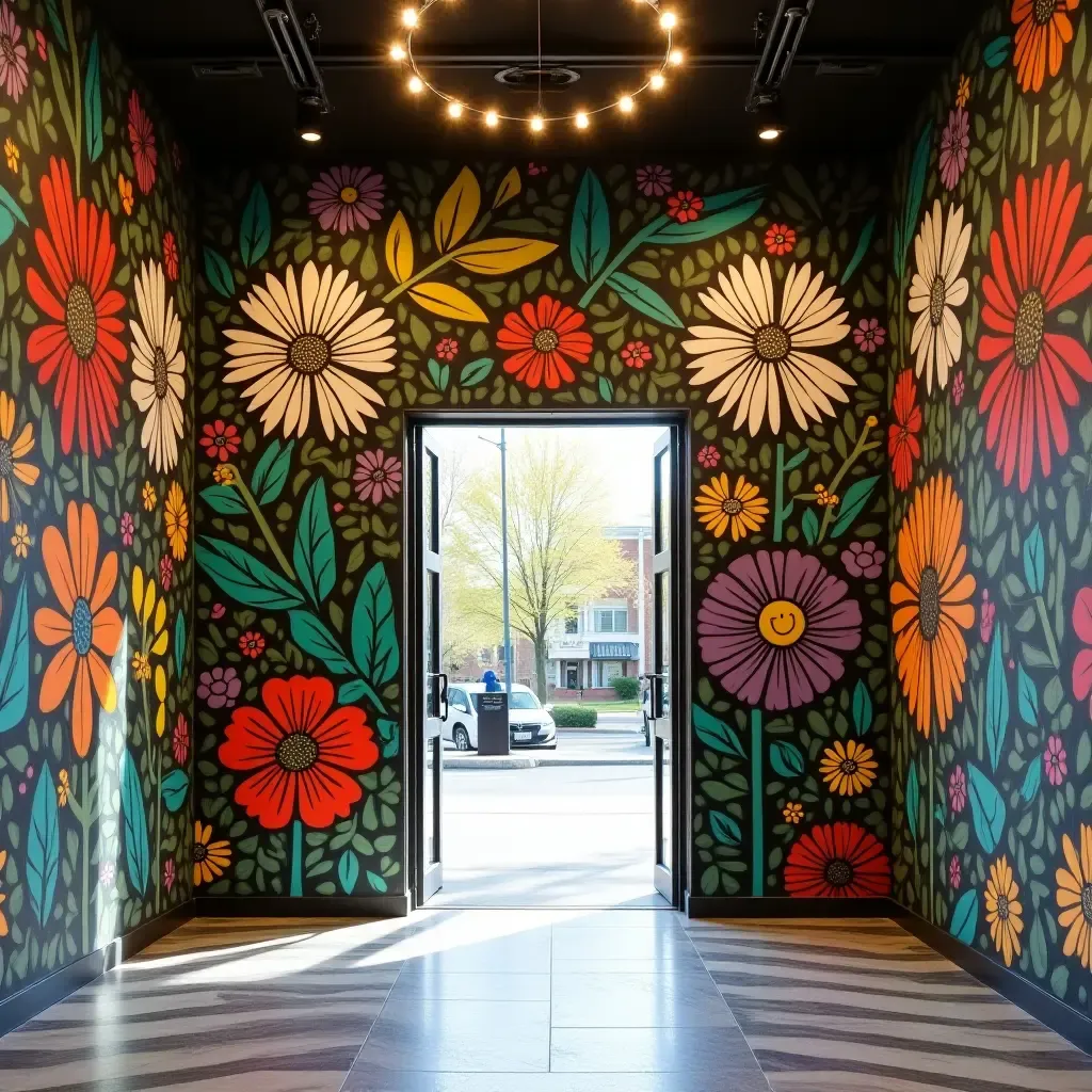 a photo of a colorful graffiti-style garden wall in an urban entrance hall