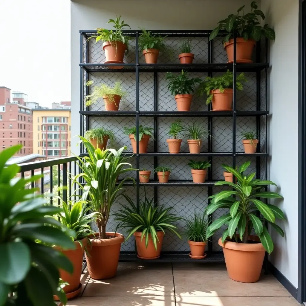 a photo of a balcony showcasing metal mesh shelving and potted plants