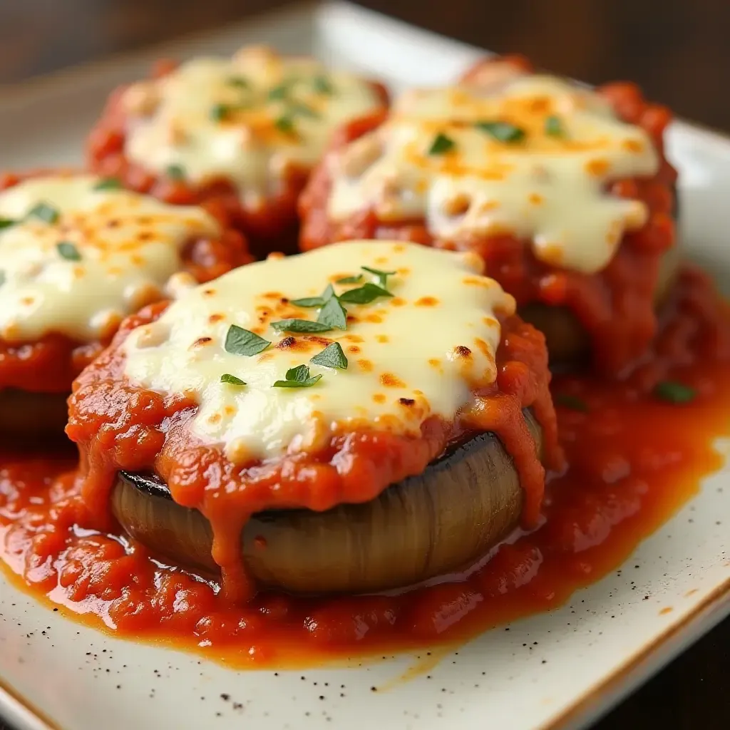 a photo of rustic eggplant Parmesan with melted cheese and marinara sauce.