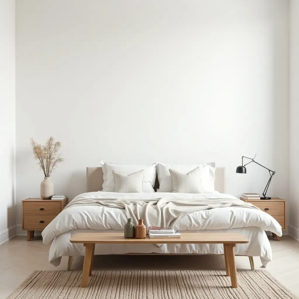 a photo of a bright bedroom featuring a vintage coffee table with modern decor