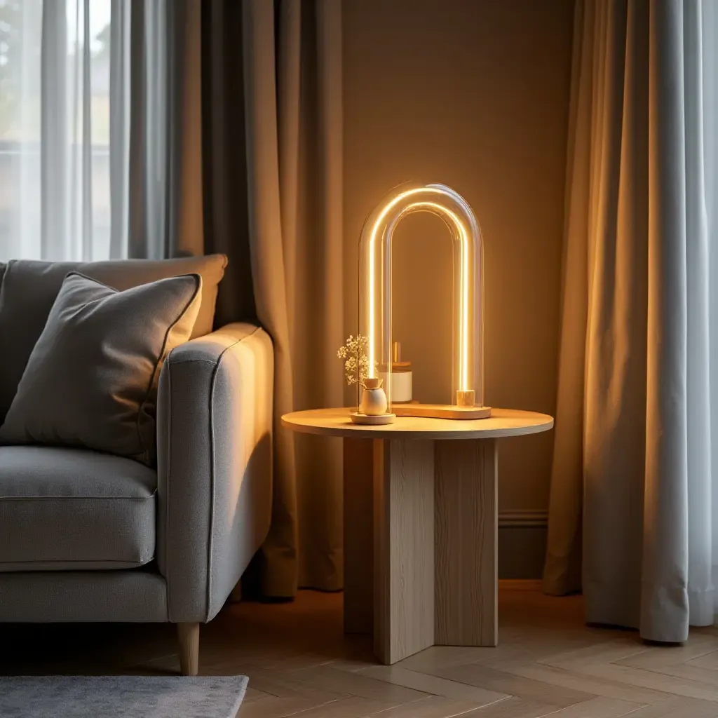 a photo of a living room with a wooden side table and unique lighting