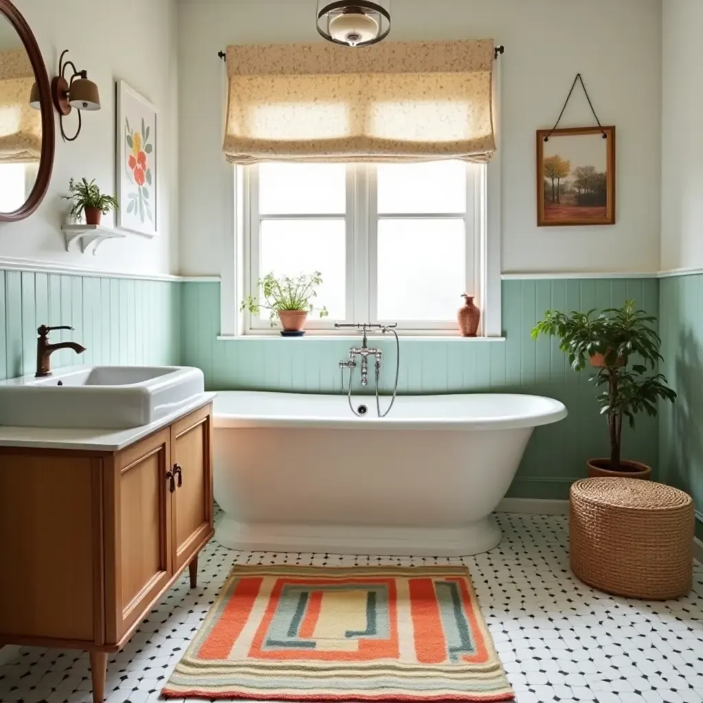 a photo of a quirky retro rug in a vintage-inspired bathroom