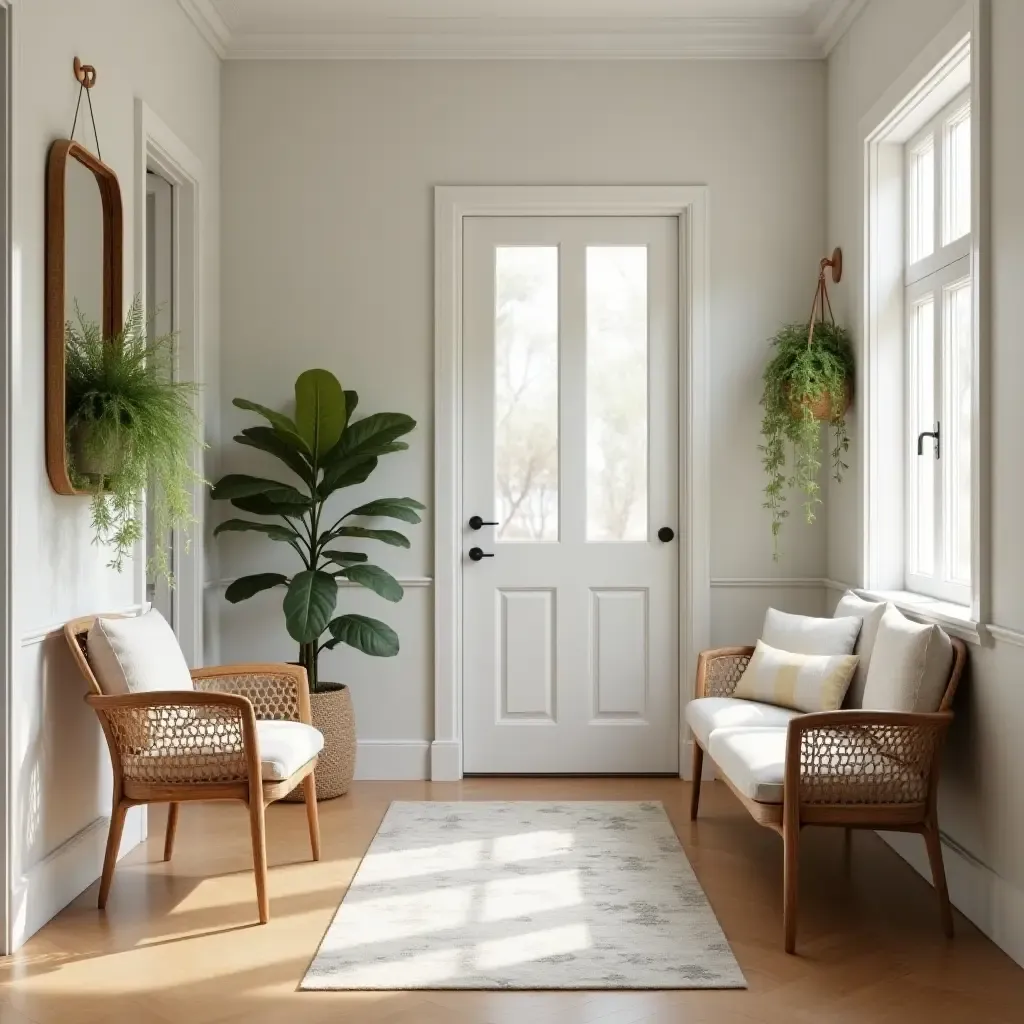 a photo of a bright entrance hall with a hanging plant and a cozy reading nook