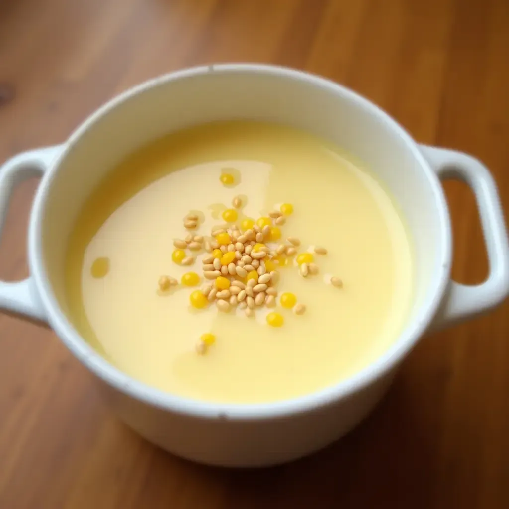 a photo of a bowl of Chè Bắp, Vietnamese sweet corn and coconut milk dessert drink, garnished with sesame seeds.