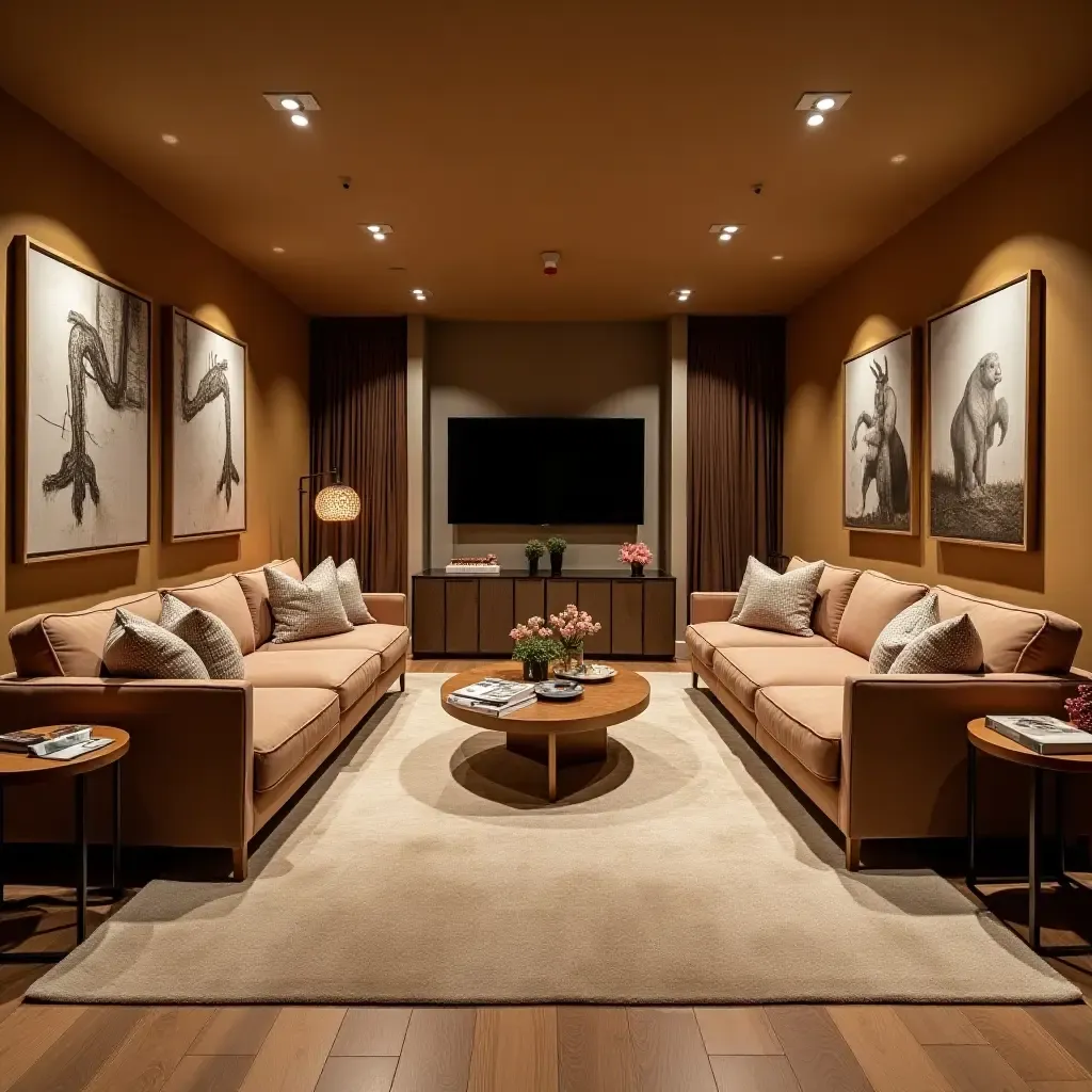 a photo of a basement with a cozy seating area and whimsical decor accents