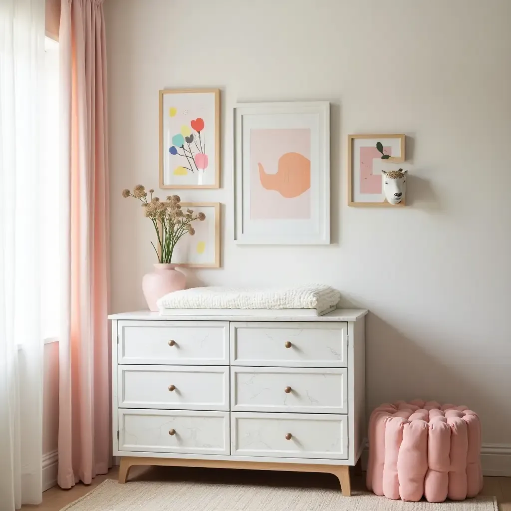 a photo of a vibrant nursery with a marble changing table and playful decor