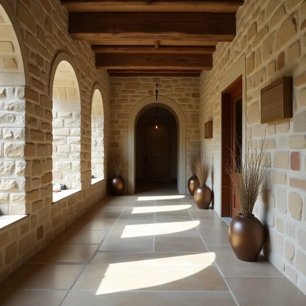 a photo of a hallway showcasing natural stone walls and rustic decor elements