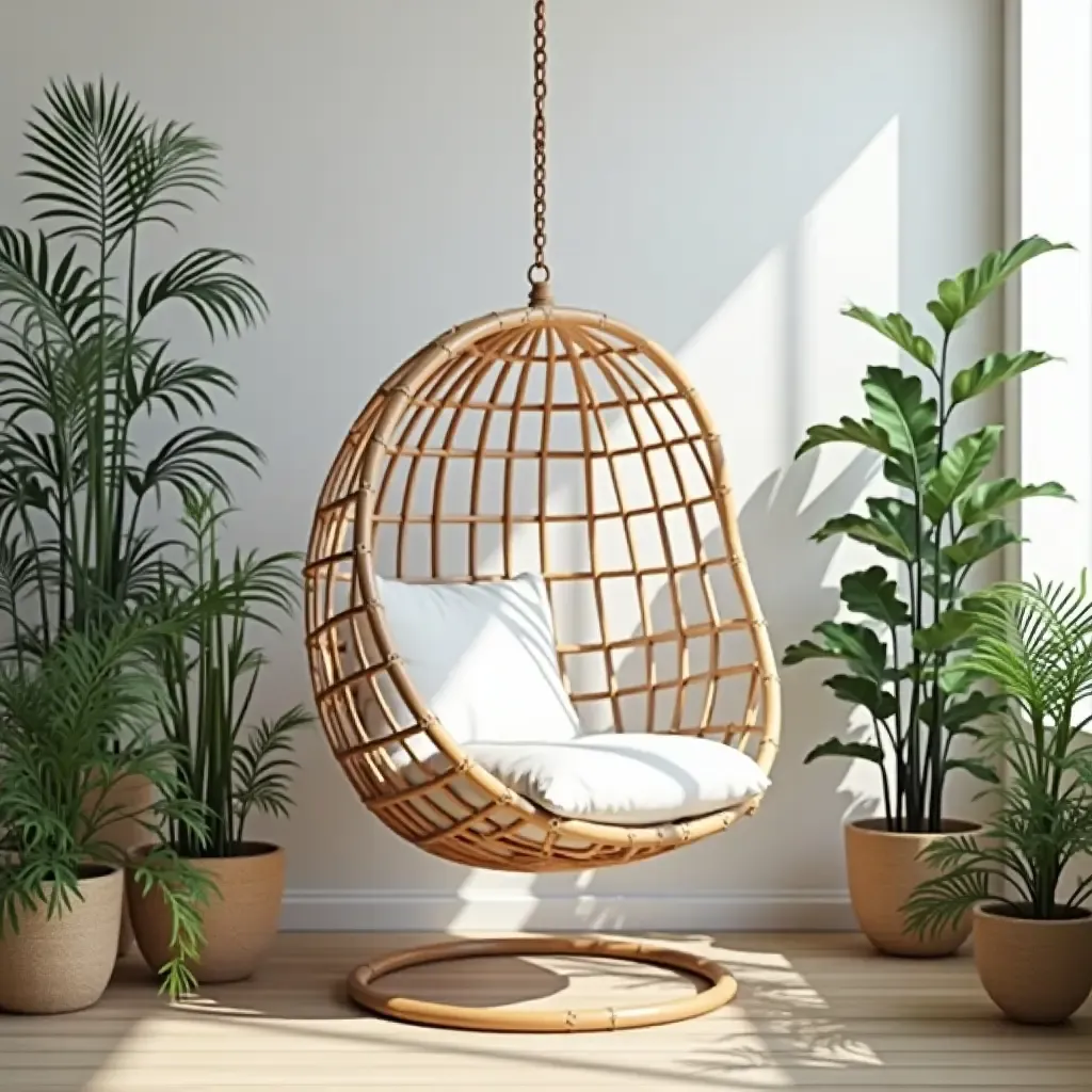 a photo of a minimalist wooden hanging chair surrounded by plants