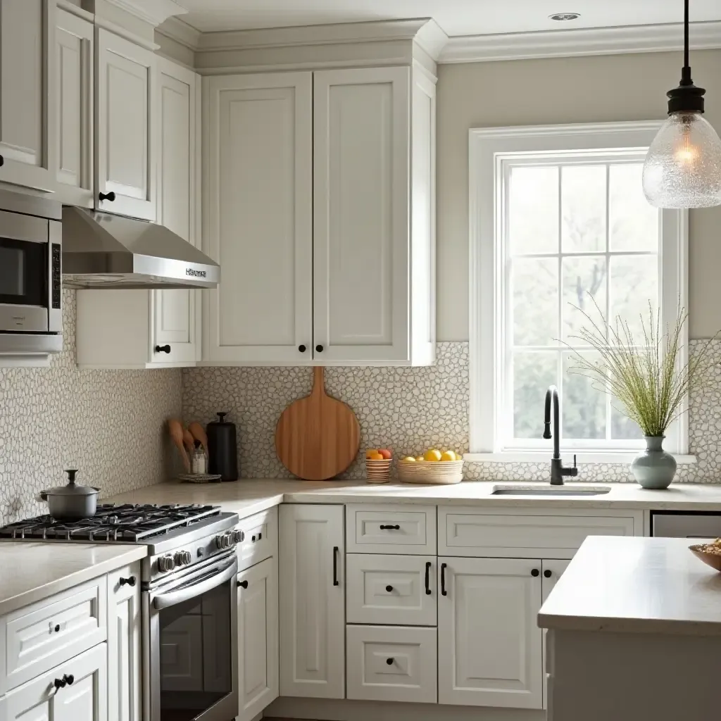 a photo of a kitchen featuring a mosaic-tiled countertop