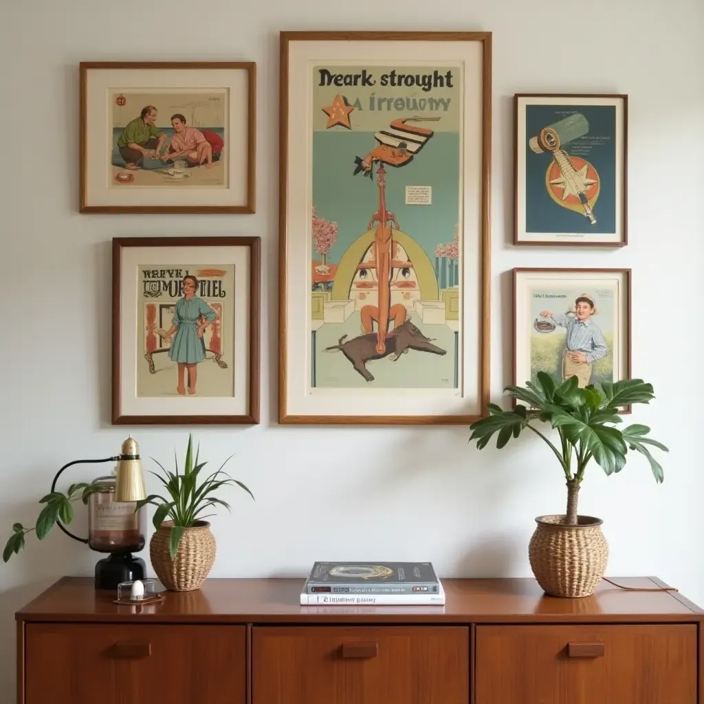 a photo of a vintage-inspired gallery wall with retro art pieces