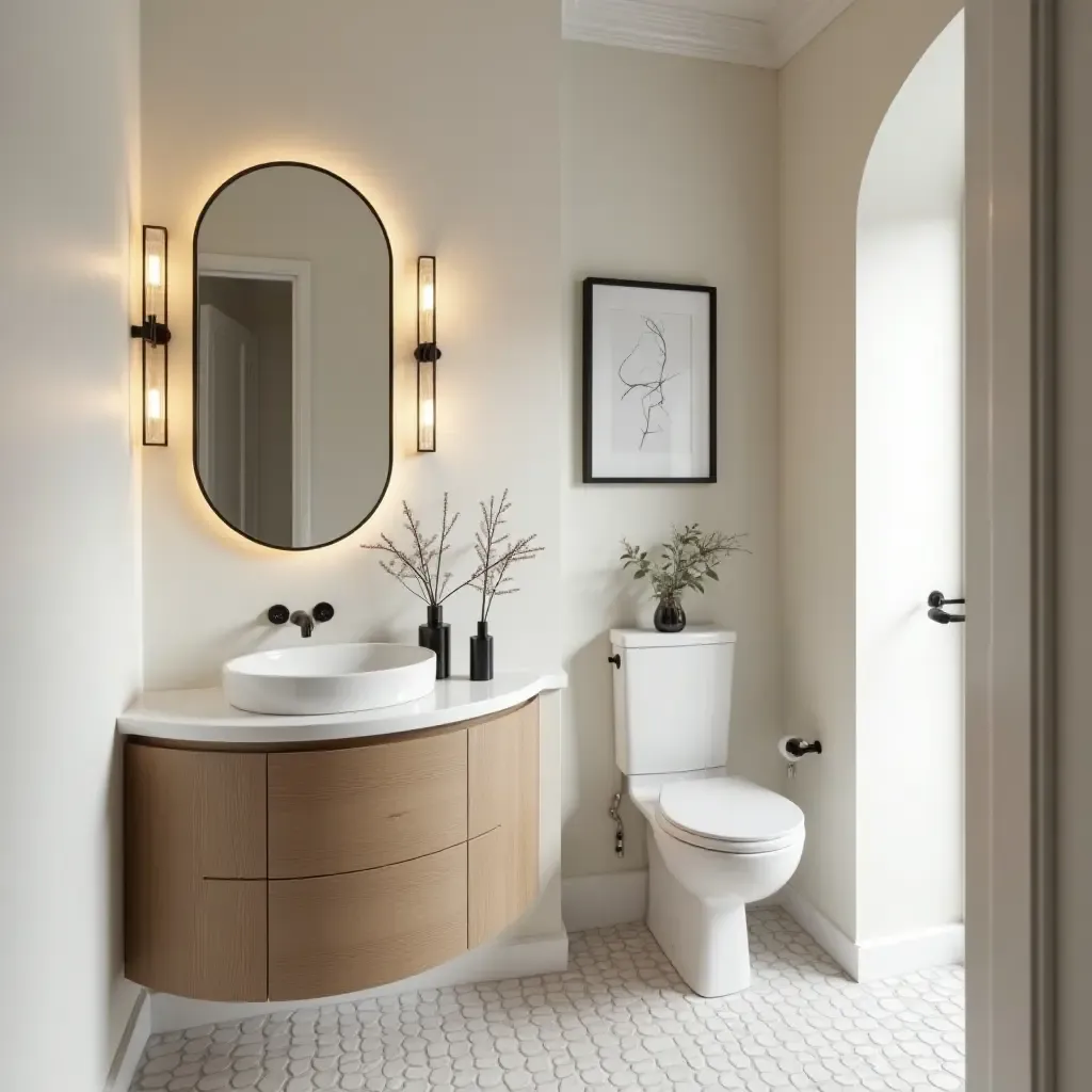 a photo of a bathroom featuring a stylish makeup area with natural light