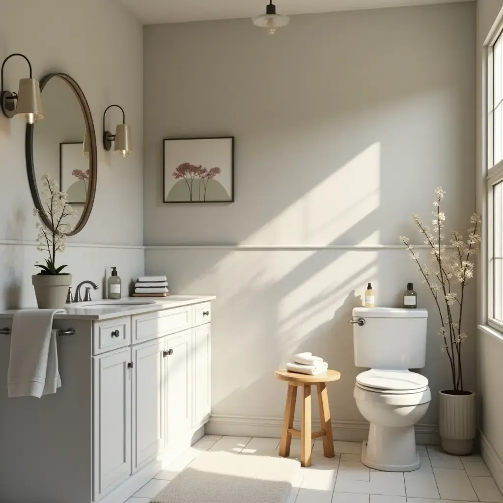 a photo of a tranquil bathroom with muted colors and simple decor