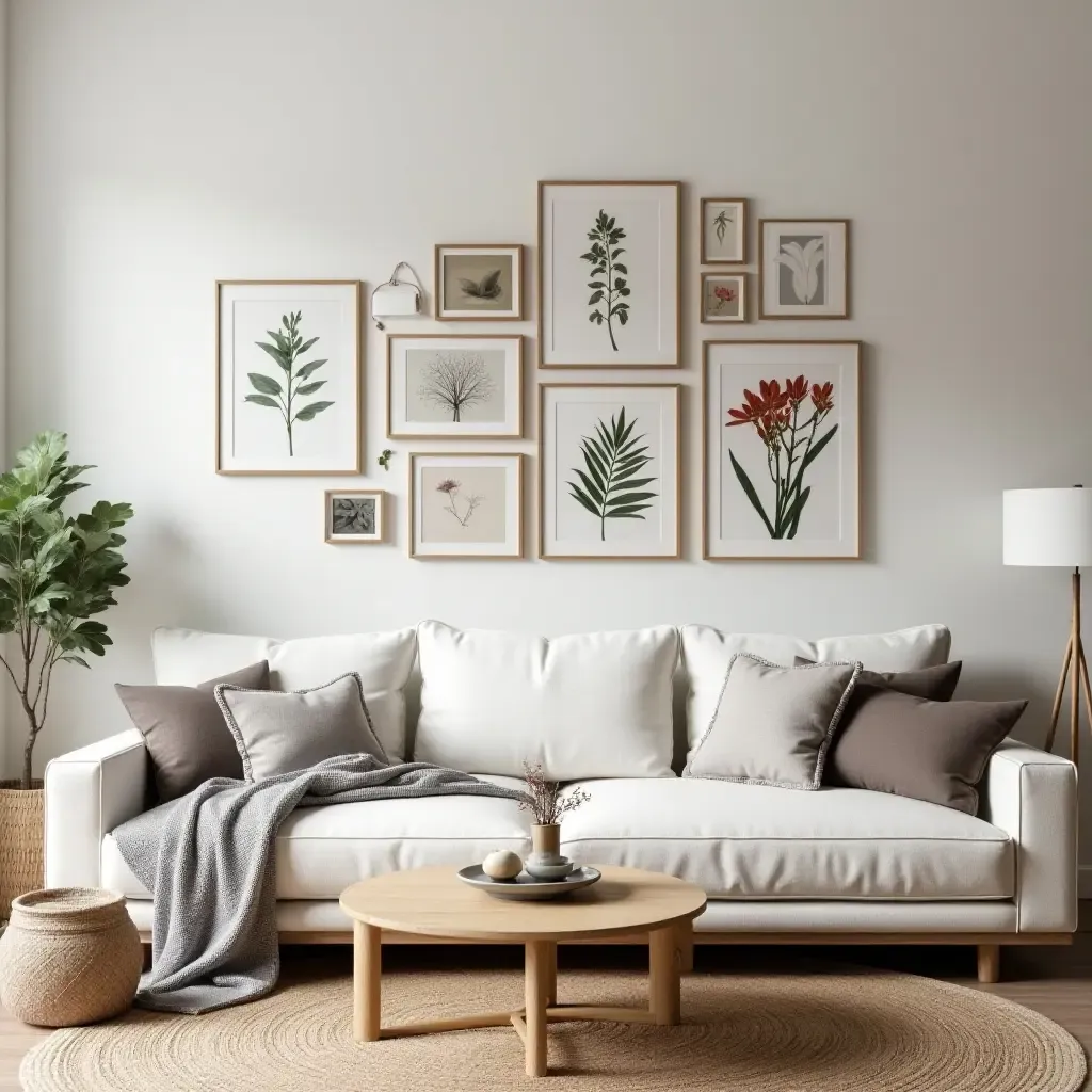 a photo of a cozy living room with a gallery wall of botanical art