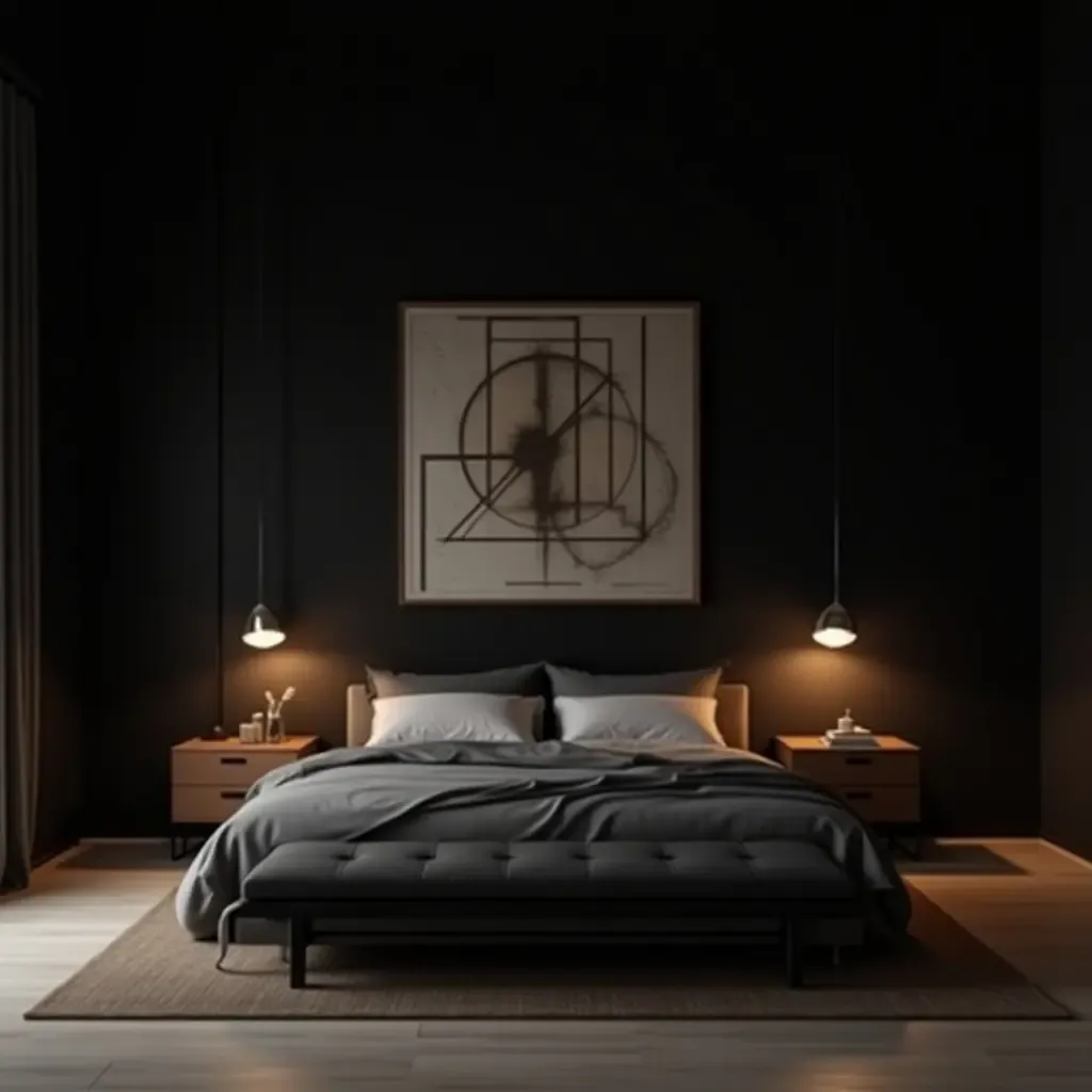 a photo of a minimalist dark bedroom with geometric wall art and elegant furnishings