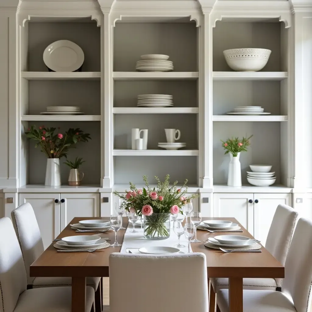 a photo of open shelves in a dining area with elegant tableware and centerpieces