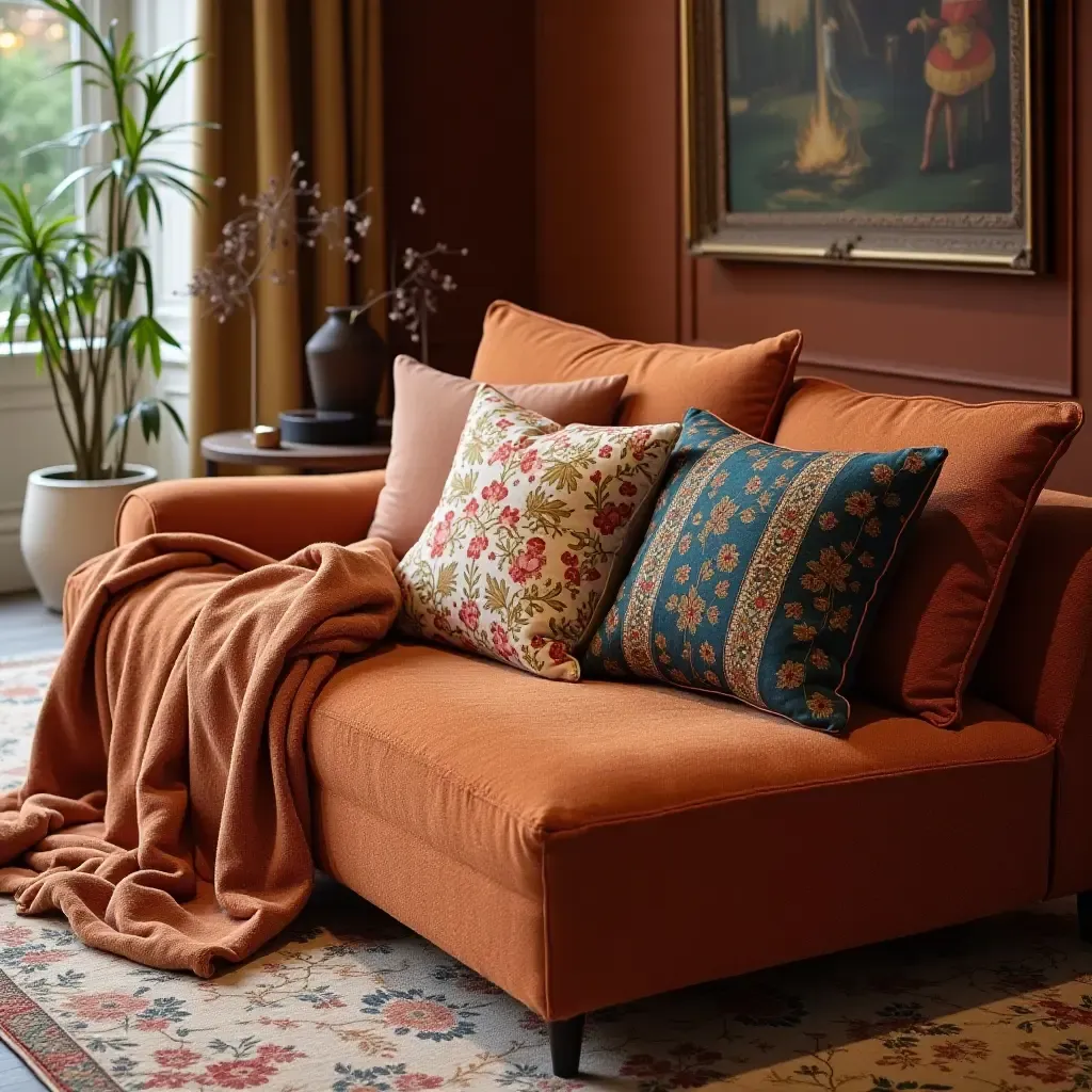 a photo of decorative throw pillows in rich fabrics and colors