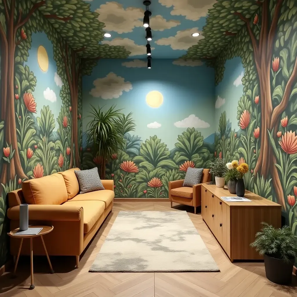 a photo of a basement with a whimsical mural depicting a fantasy landscape