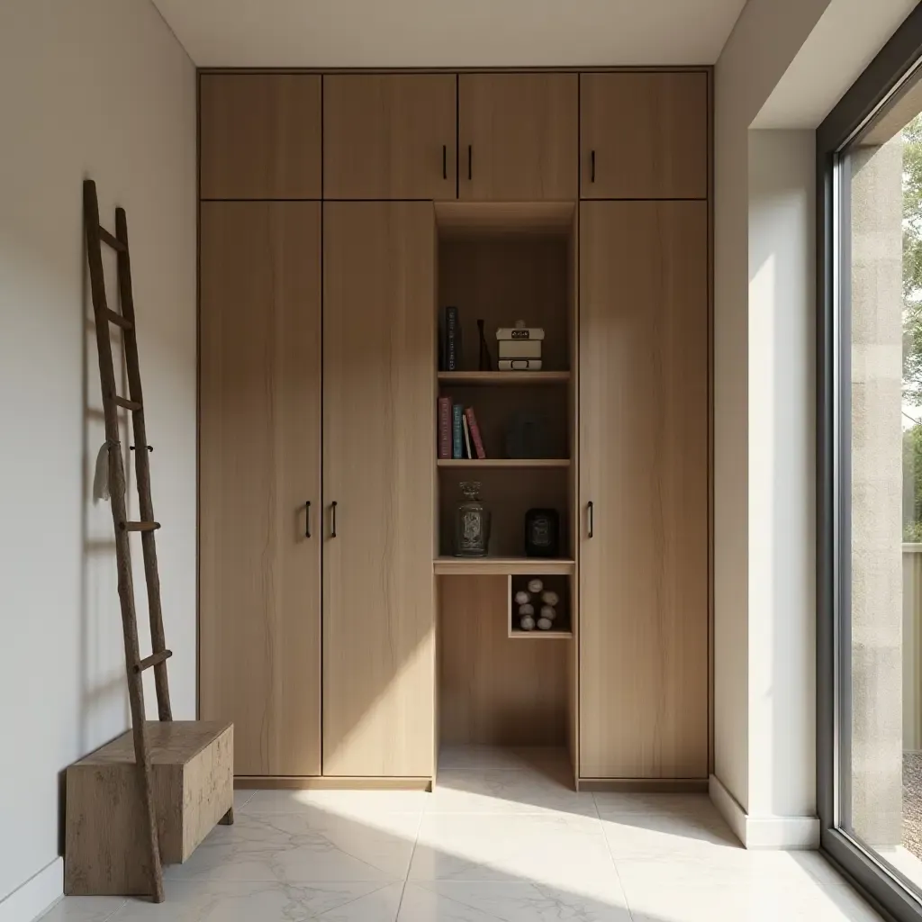 a photo of a stylish entrance featuring a decorative ladder for storage