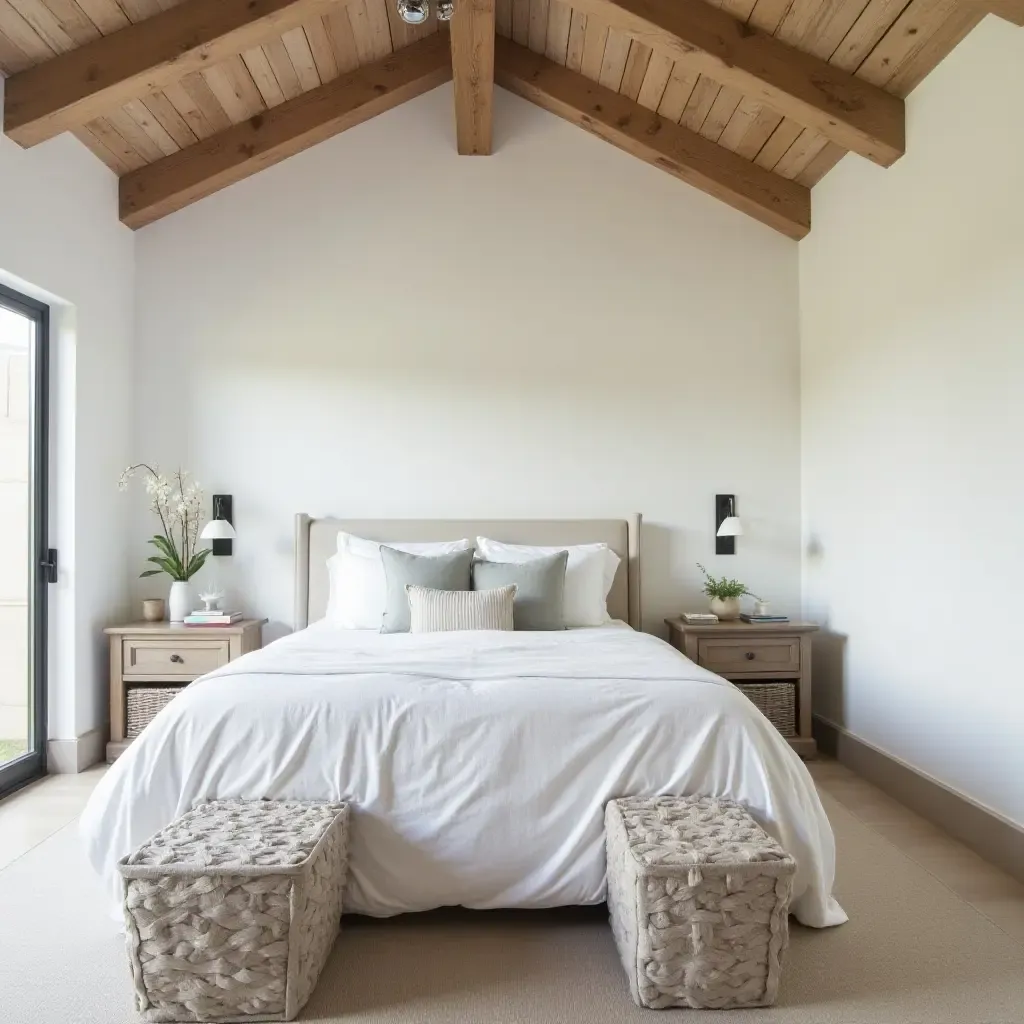 a photo of a farmhouse bedroom with reclaimed wood beams and soft linen bedding