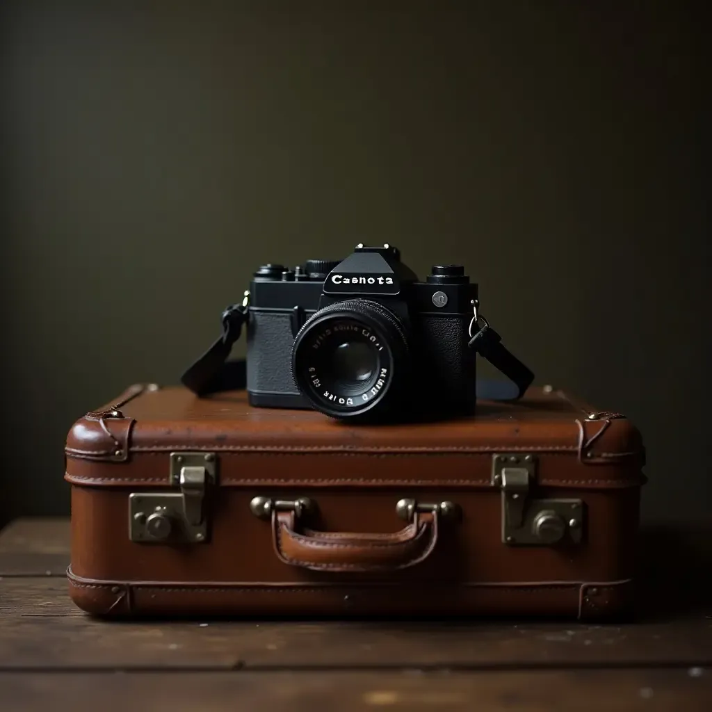 a photo of an old film camera resting on a vintage suitcase