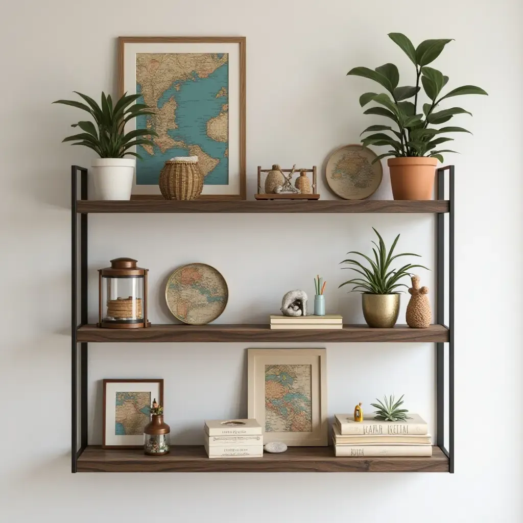 a photo of a balcony shelf with a creative display of travel souvenirs